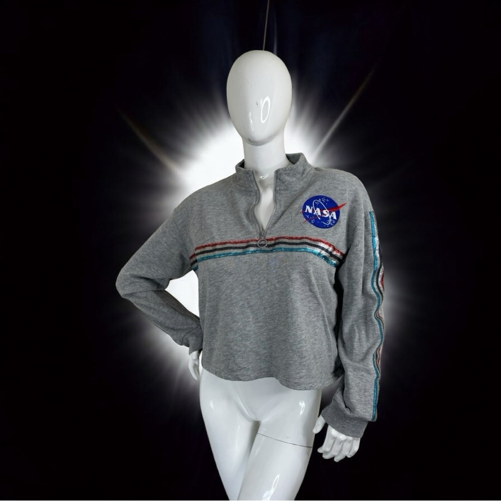 NASA metallic stripes embroidery logo cropped grey pull over light sweater XL - Picture 8 of 14